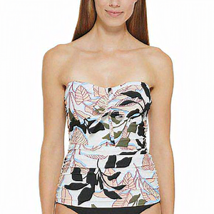 DKNY Welcome To The Jungle Printed Bandeau Bow Tankini Swim Top White‎ S